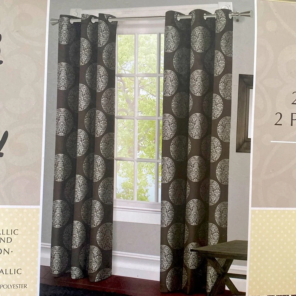 Residence - Printed Metallic Charcoal Gray Cotton Grommet Panel Curtains